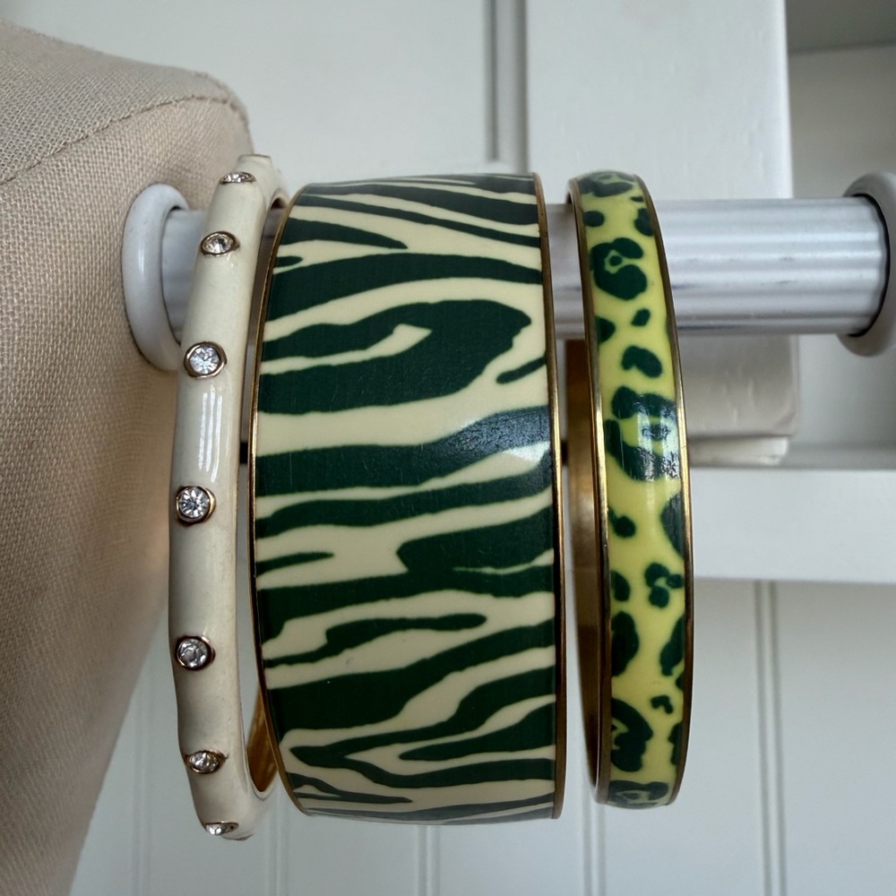 J.Crew Bangle Bracelet Set – Zebra Print, Cheetah Print & White Gold Tone Stack